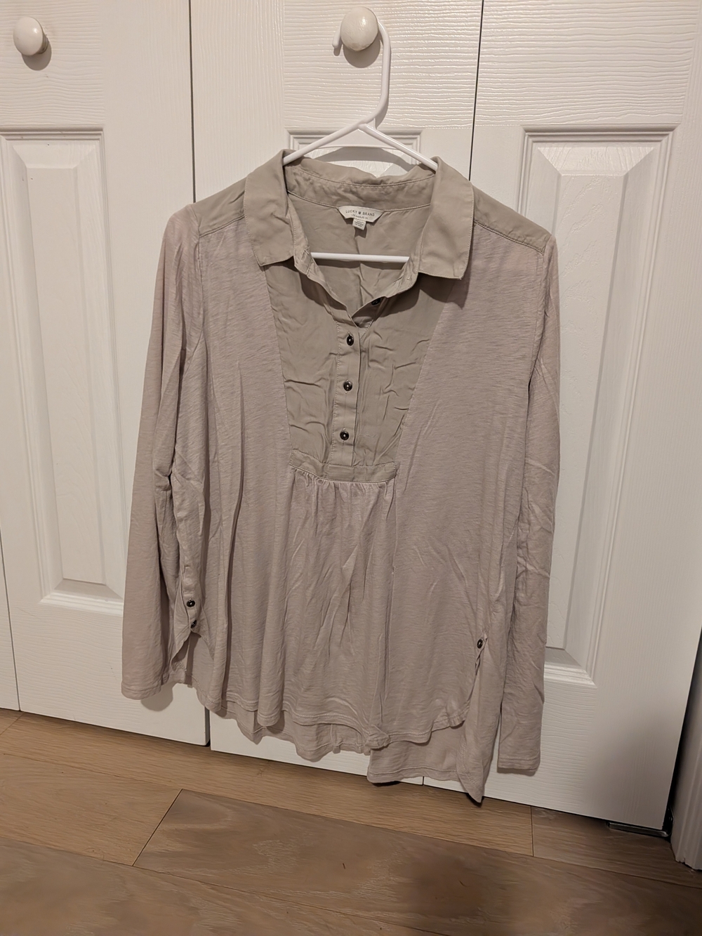 Light Taupe Long-Sleeve Button Pullover Top